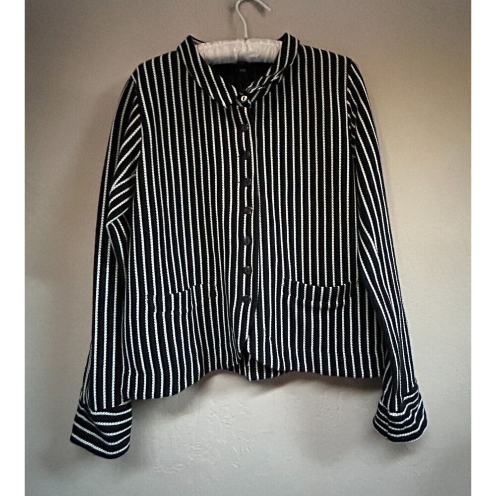 Tulip Women Textured Striped Button Up Blouse Shirt Top Small Black White Casual